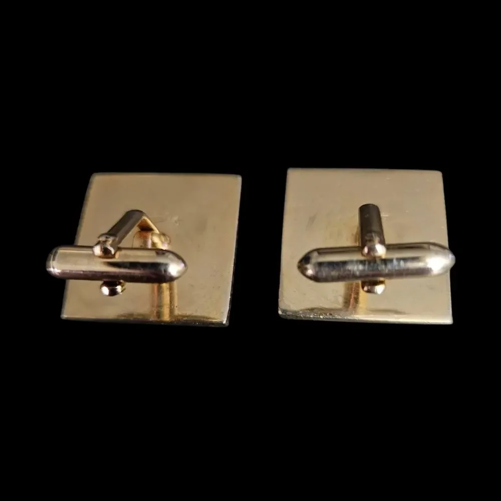 Vintage Swank Cufflinks Gold Tone Black Enamel Pearl Accent Square